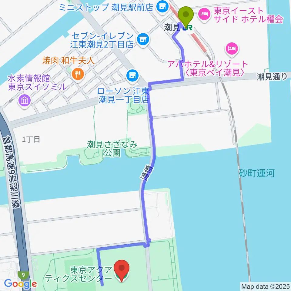 潮見駅から東京アクアティクスセンターへのルートマップ地図