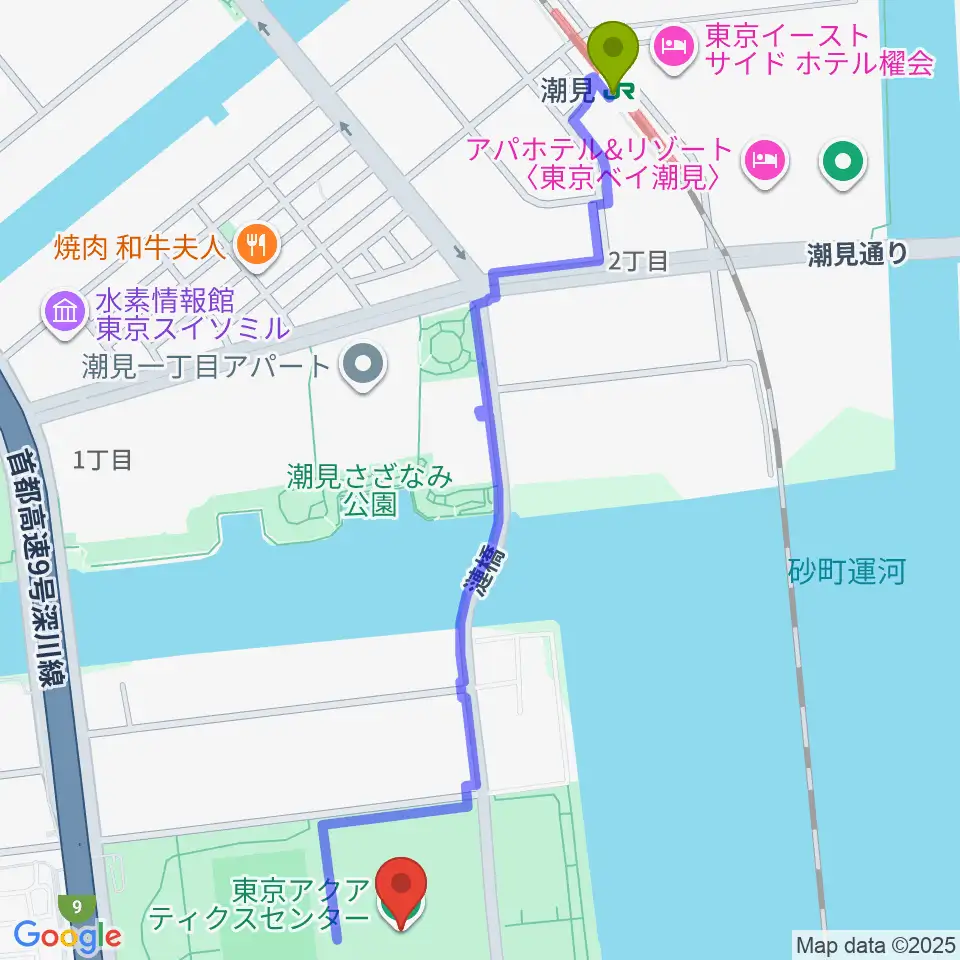 潮見駅から東京アクアティクスセンターへのルートマップ地図