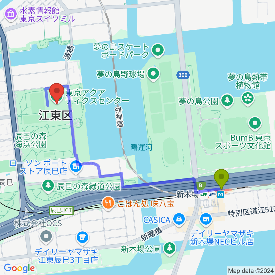 新木場駅から東京アクアティクスセンターへのルートマップ地図