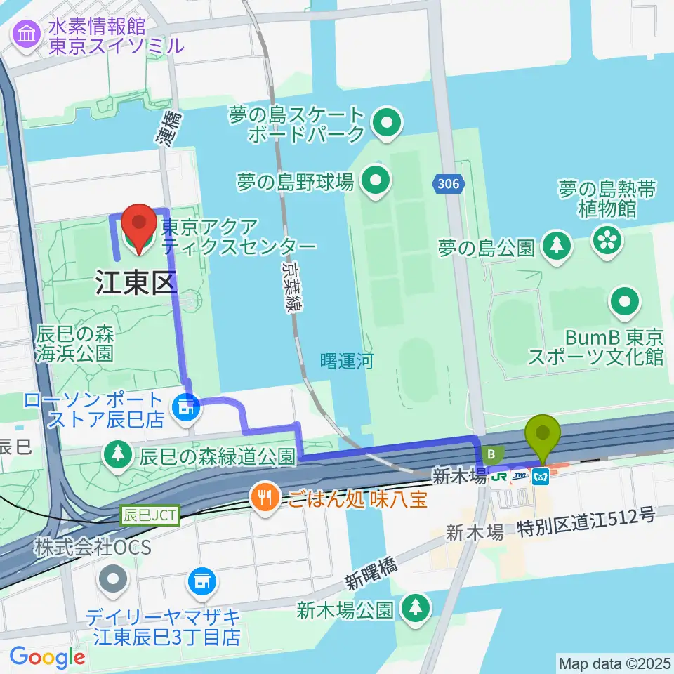 新木場駅から東京アクアティクスセンターへのルートマップ地図