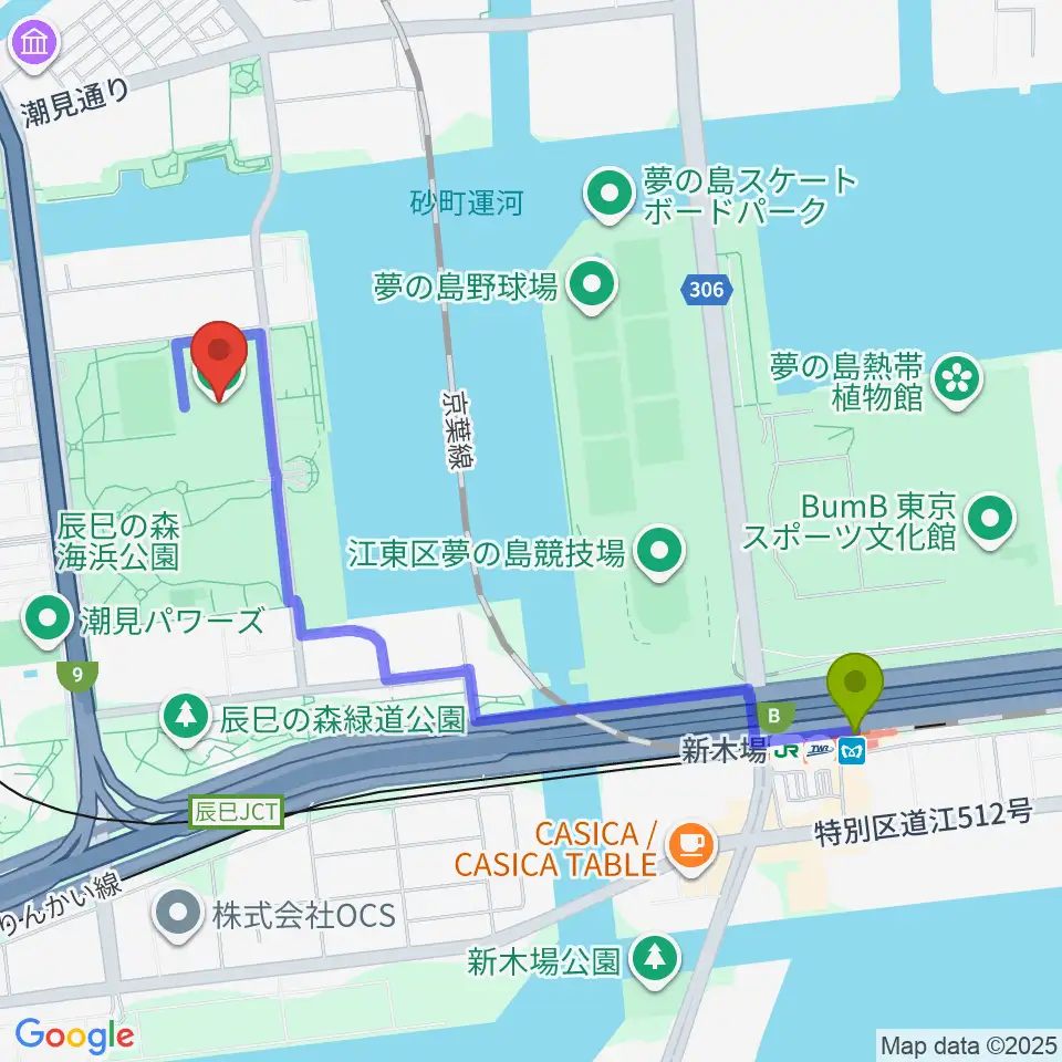 新木場駅から東京アクアティクスセンターへのルートマップ地図