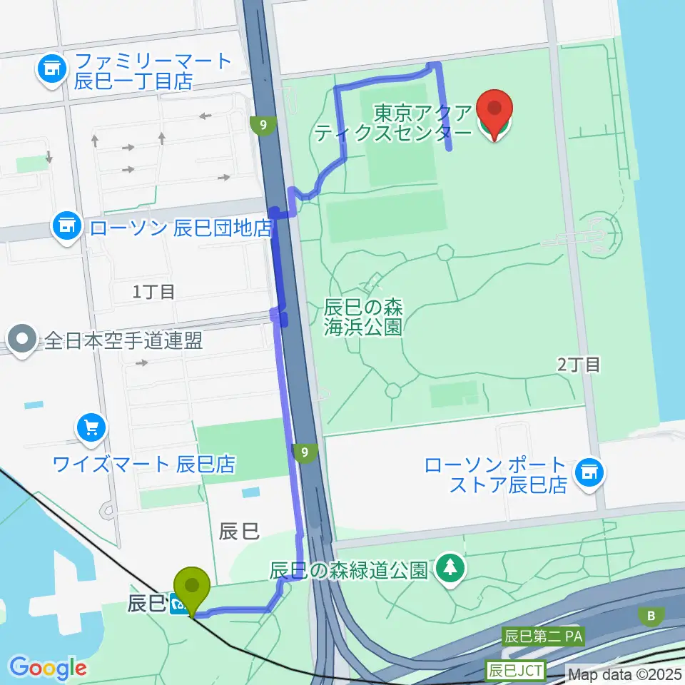 東京アクアティクスセンターの最寄駅辰巳駅からの徒歩ルート（約13分）地図