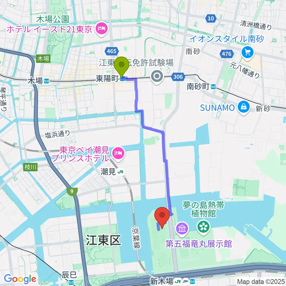 東陽町駅から夢の島野球場へのルートマップ地図