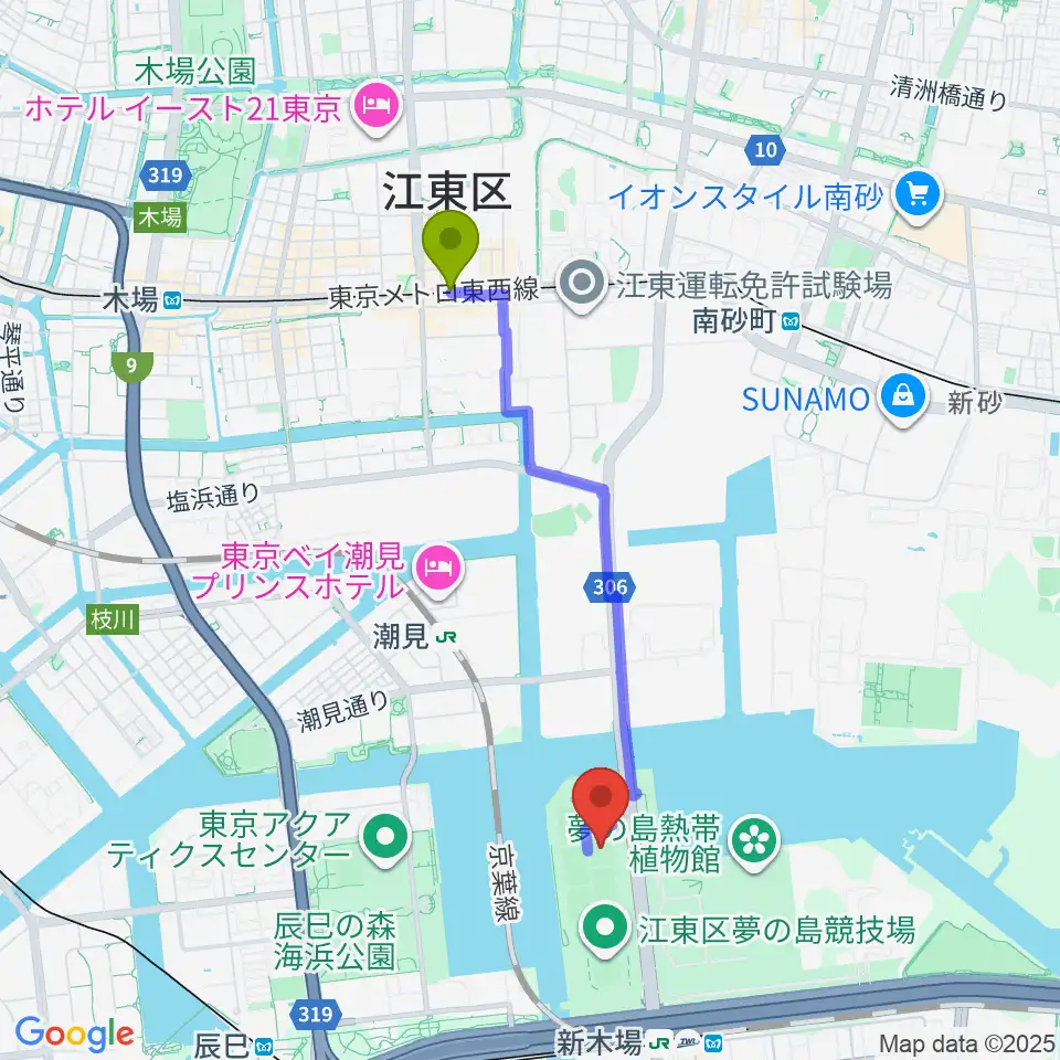 東陽町駅から夢の島野球場へのルートマップ地図