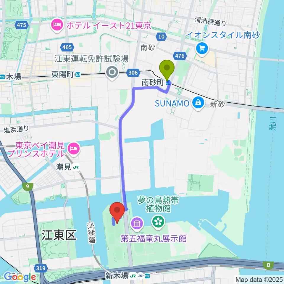 南砂町駅から夢の島野球場へのルートマップ地図