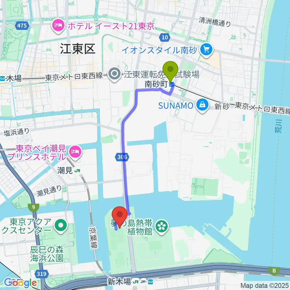 南砂町駅から夢の島野球場へのルートマップ地図