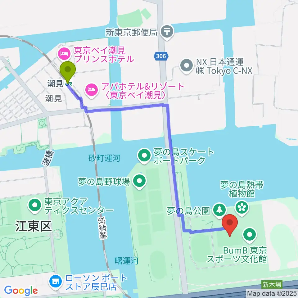 潮見駅から夢の島公園アーチェリー場へのルートマップ地図