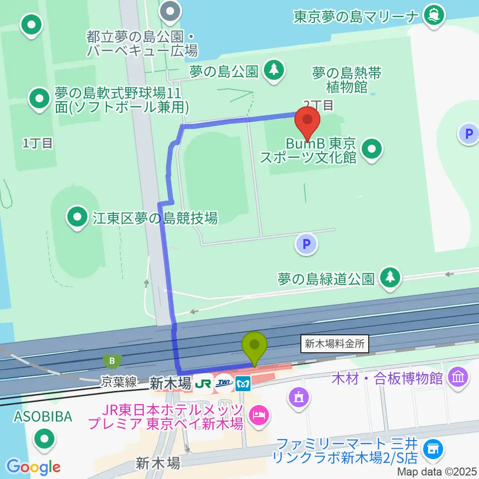 夢の島公園アーチェリー場の最寄駅新木場駅からの徒歩ルート（約7分）地図