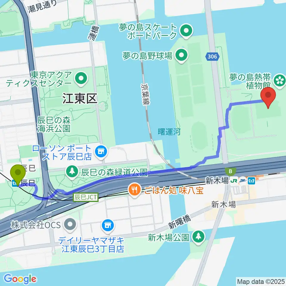 辰巳駅から夢の島公園アーチェリー場へのルートマップ地図