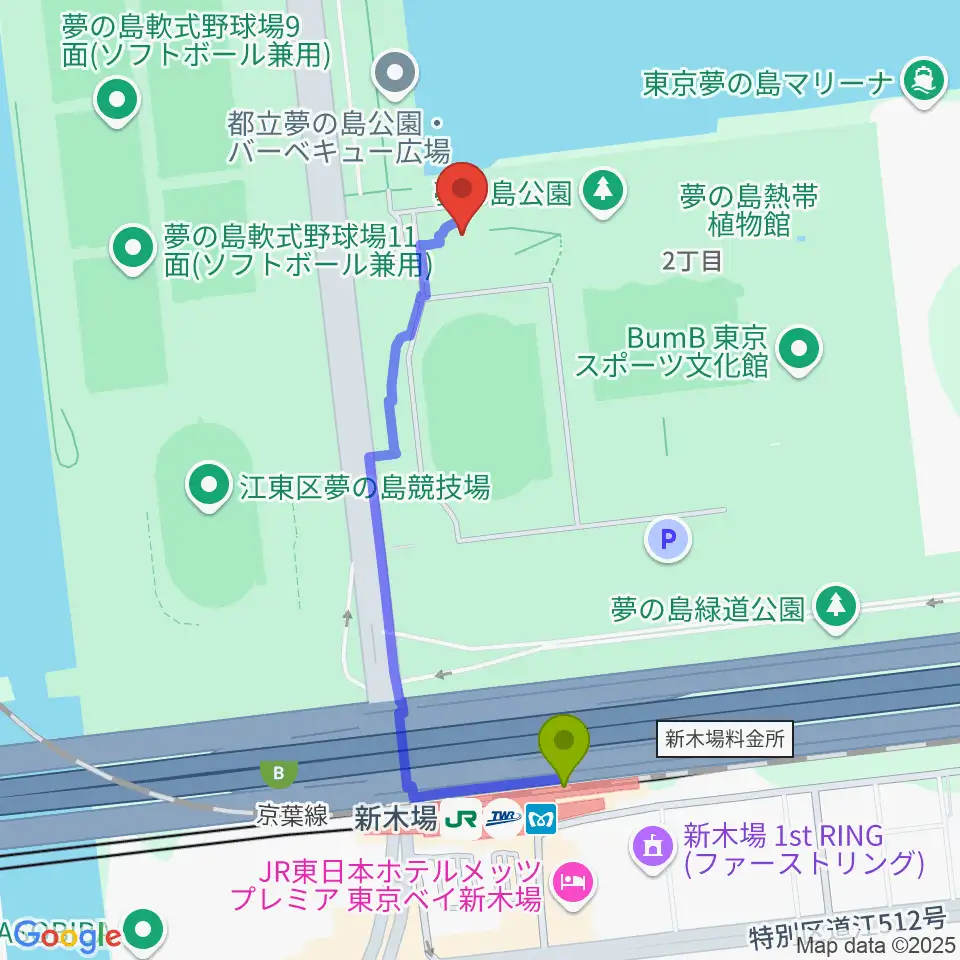 都立第五福竜丸展示館の最寄駅新木場駅からの徒歩ルート（約9分）地図