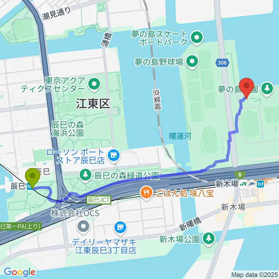 辰巳駅から都立第五福竜丸展示館へのルートマップ地図