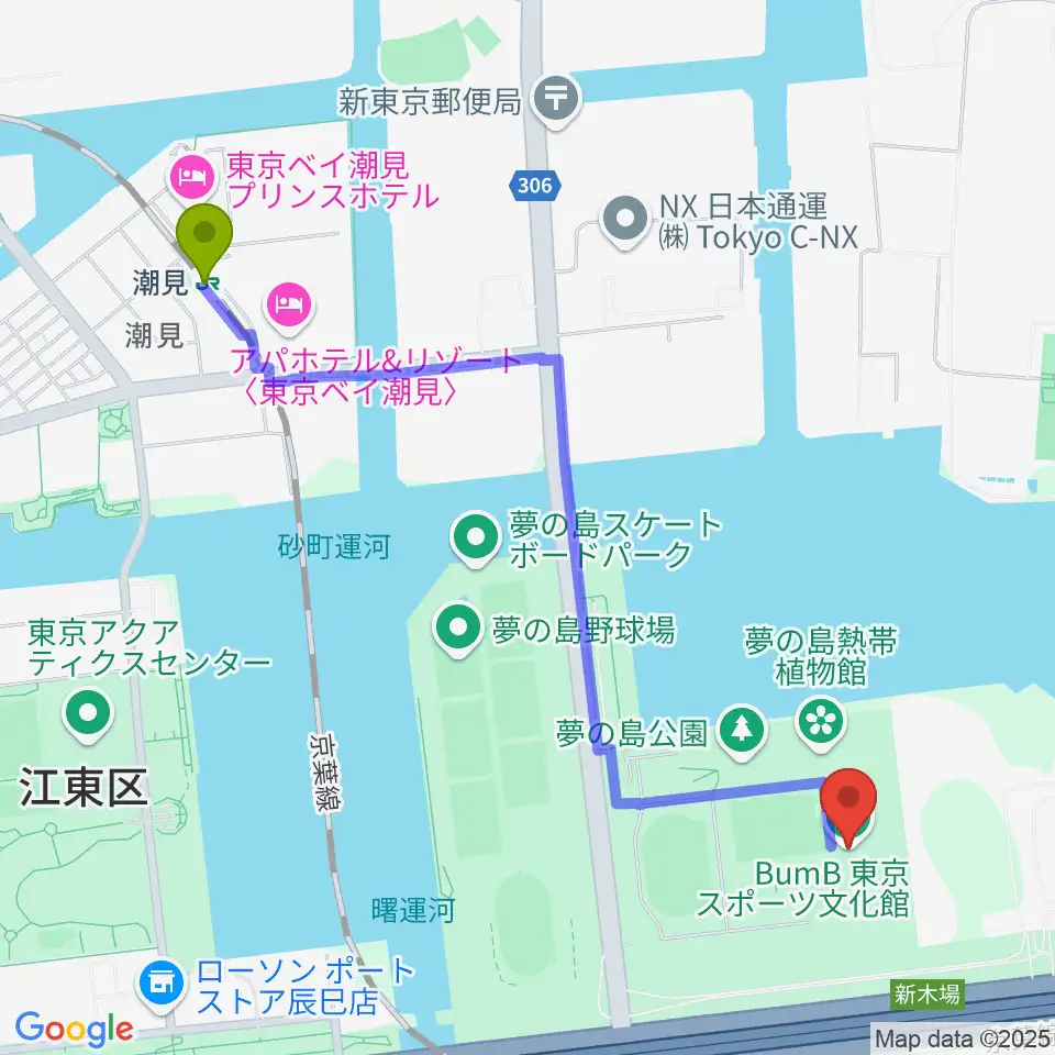 潮見駅からBumB東京スポーツ文化館へのルートマップ地図