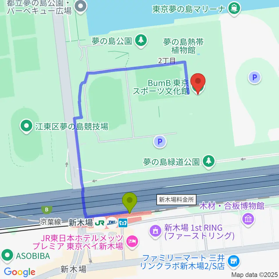 BumB東京スポーツ文化館の最寄駅新木場駅からの徒歩ルート（約8分）地図