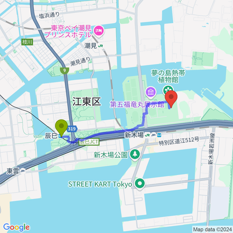 辰巳駅からBumB東京スポーツ文化館へのルートマップ地図