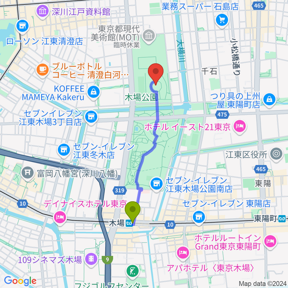 木場公園イベント広場 野外ステージの最寄駅木場駅からの徒歩ルート（約15分）地図