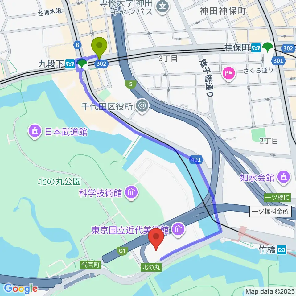 九段下駅から国立公文書館へのルートマップ地図