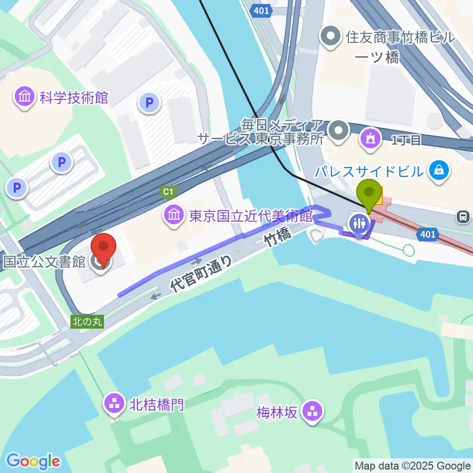 国立公文書館の最寄駅竹橋駅からの徒歩ルート（約4分）地図