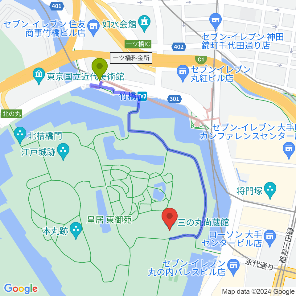 皇居三の丸尚蔵館の最寄駅竹橋駅からの徒歩ルート（約9分）地図