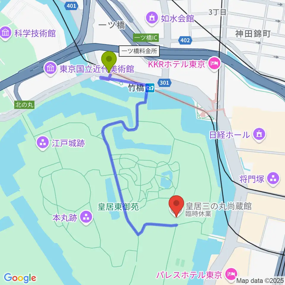 皇居三の丸尚蔵館の最寄駅竹橋駅からの徒歩ルート（約9分）地図