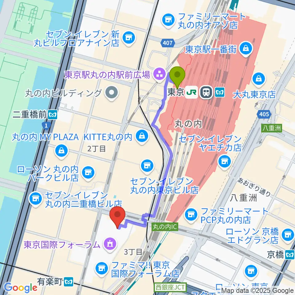 東京駅から相田みつを美術館へのルートマップ地図