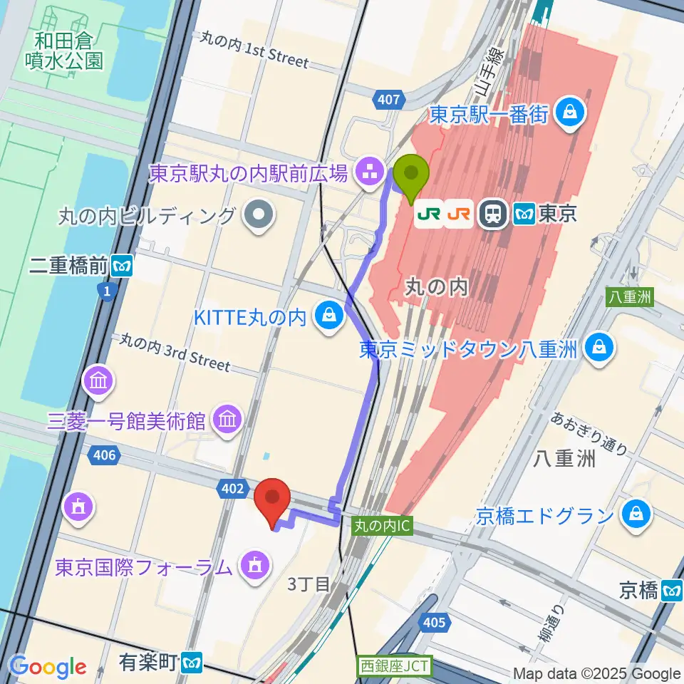 東京駅から相田みつを美術館へのルートマップ地図