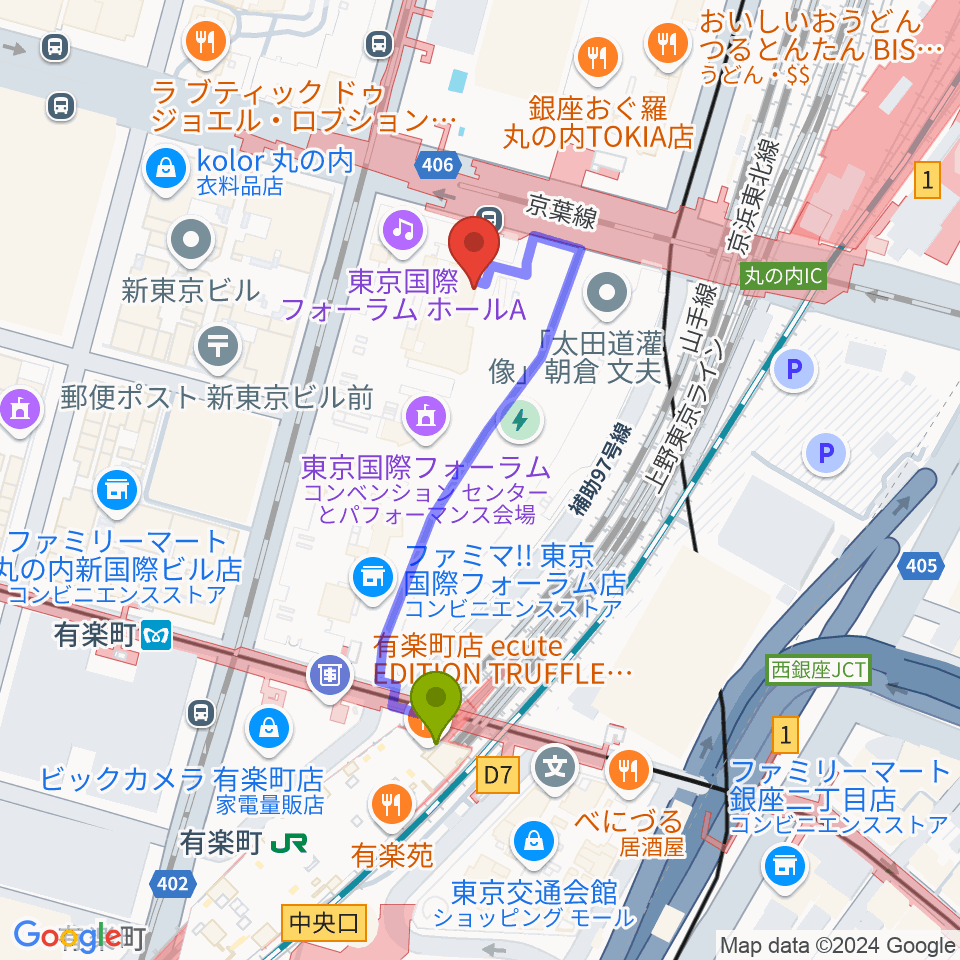 相田みつを美術館の最寄駅有楽町駅からの徒歩ルート（約4分）地図