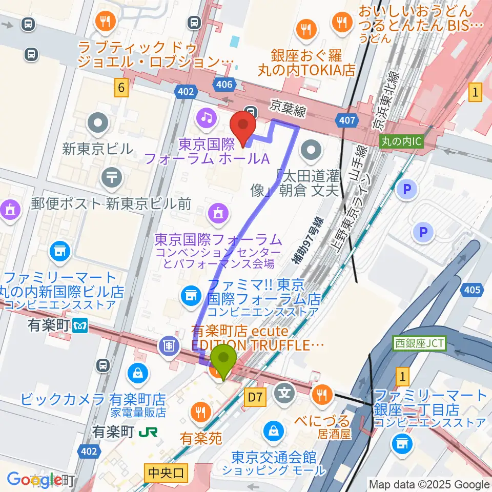 相田みつを美術館の最寄駅有楽町駅からの徒歩ルート（約4分）地図