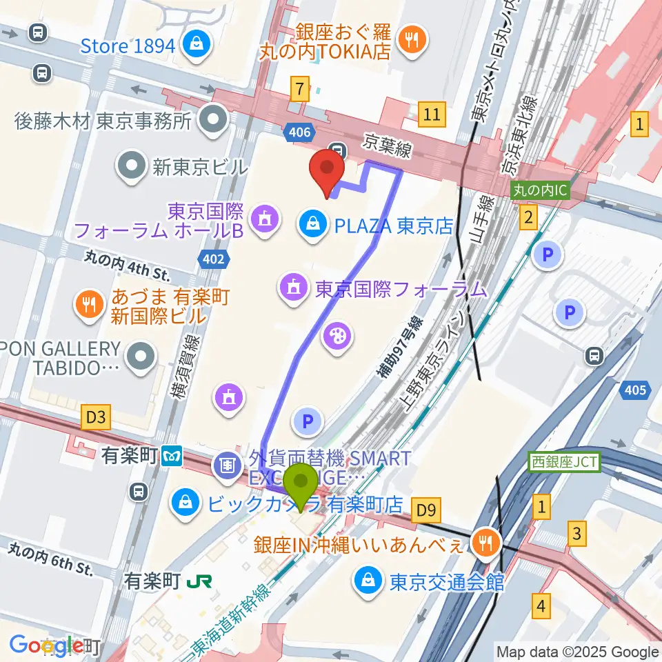 相田みつを美術館の最寄駅有楽町駅からの徒歩ルート（約4分）地図