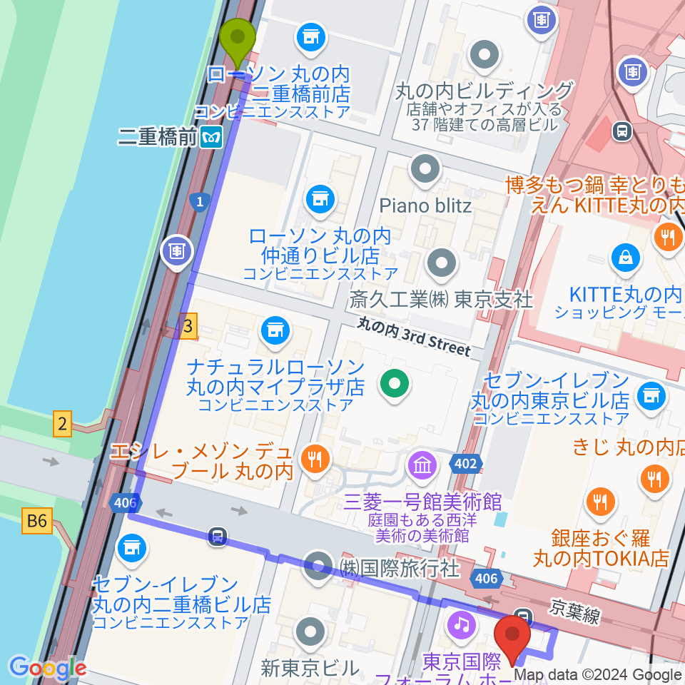 二重橋前駅から相田みつを美術館へのルートマップ地図