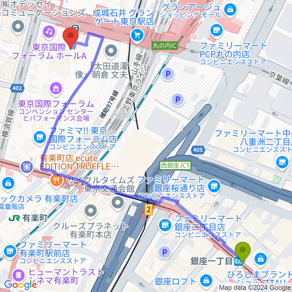 銀座一丁目駅から相田みつを美術館へのルートマップ地図