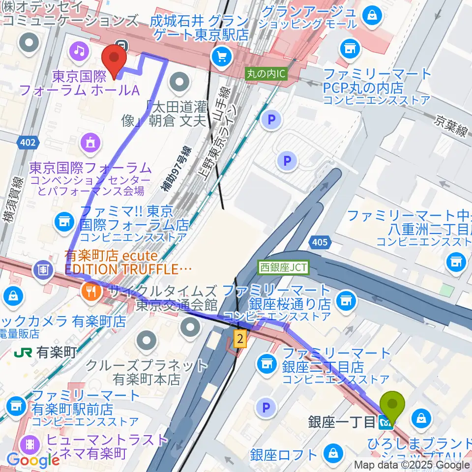 銀座一丁目駅から相田みつを美術館へのルートマップ地図