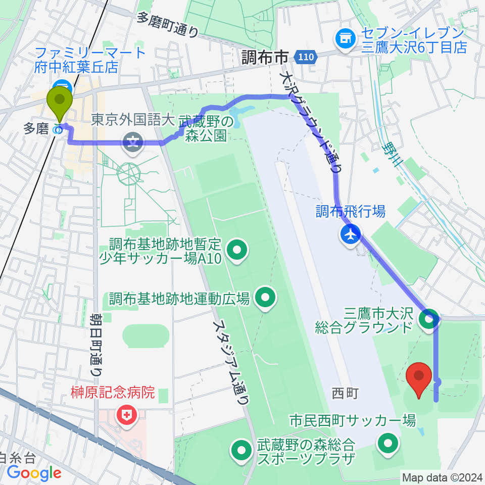 多磨駅から調布市民西町野球場へのルートマップ地図