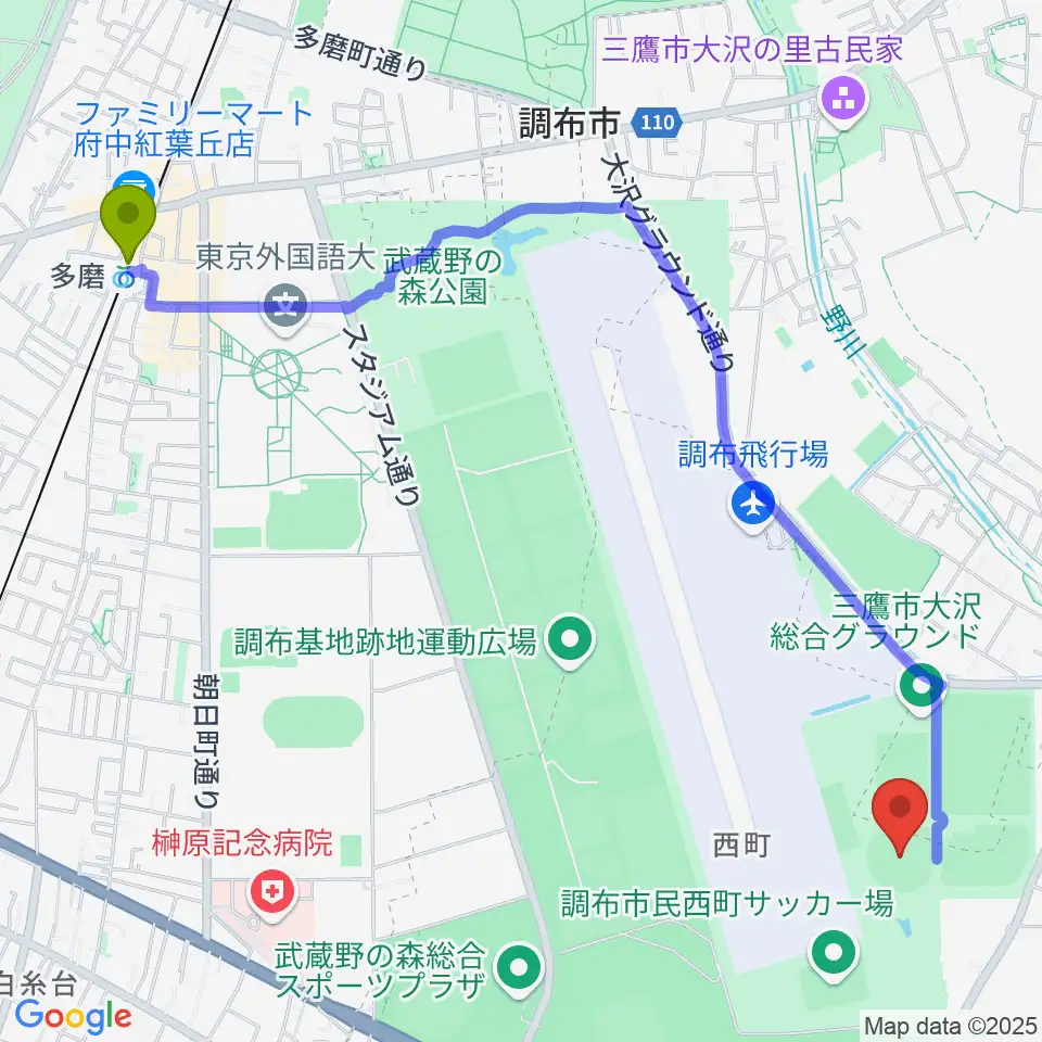 多磨駅から調布市民西町野球場へのルートマップ地図