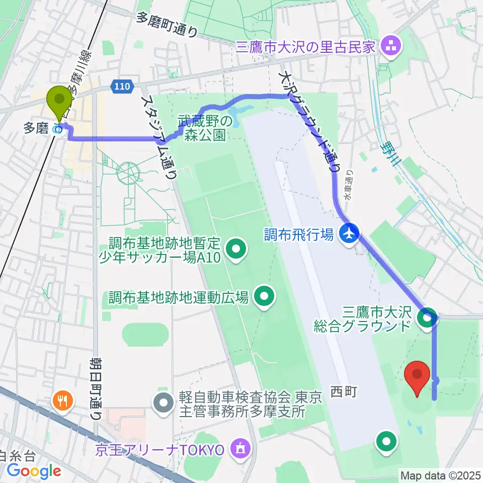 多磨駅から調布市民西町野球場へのルートマップ地図
