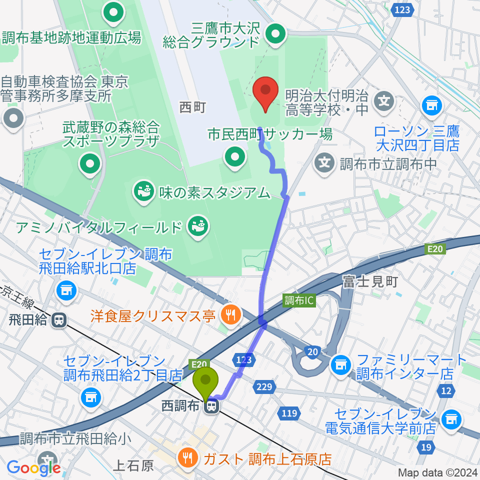 西調布駅から調布市民西町野球場へのルートマップ地図