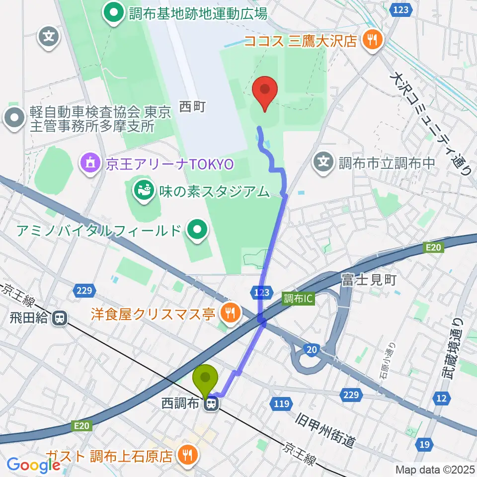 西調布駅から調布市民西町野球場へのルートマップ地図