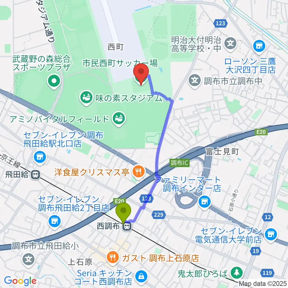 西調布駅から調布市民西町サッカー場へのルートマップ地図