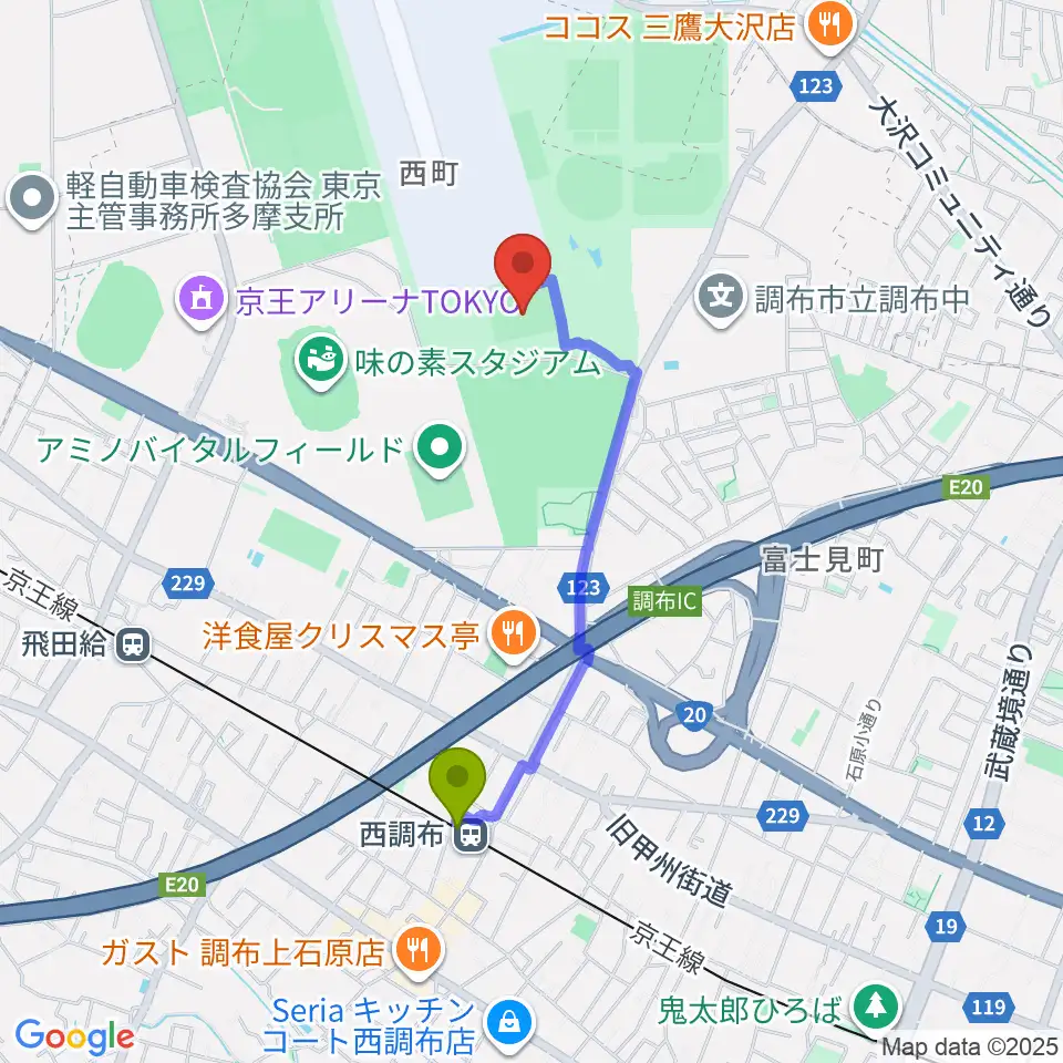 西調布駅から調布市民西町サッカー場へのルートマップ地図