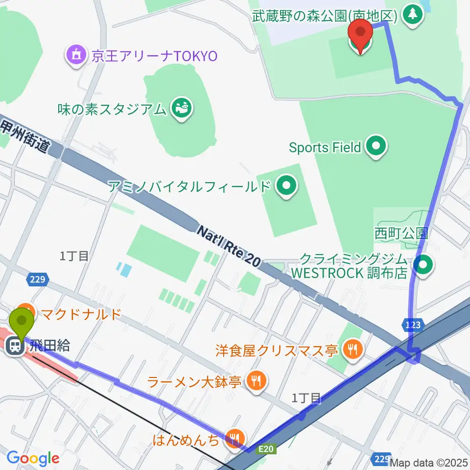 調布市民西町サッカー場の最寄駅飛田給駅からの徒歩ルート（約15分）地図