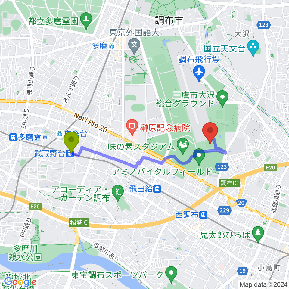 武蔵野台駅から調布市民西町サッカー場へのルートマップ地図