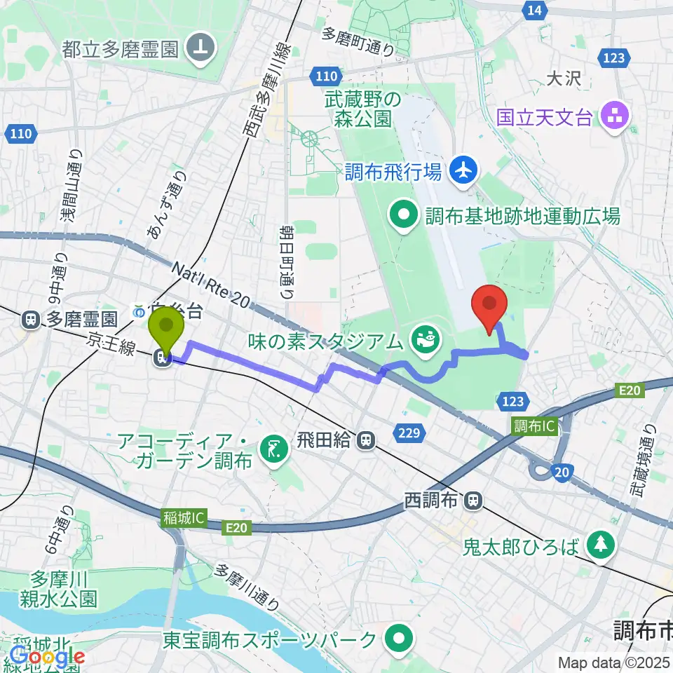 武蔵野台駅から調布市民西町サッカー場へのルートマップ地図