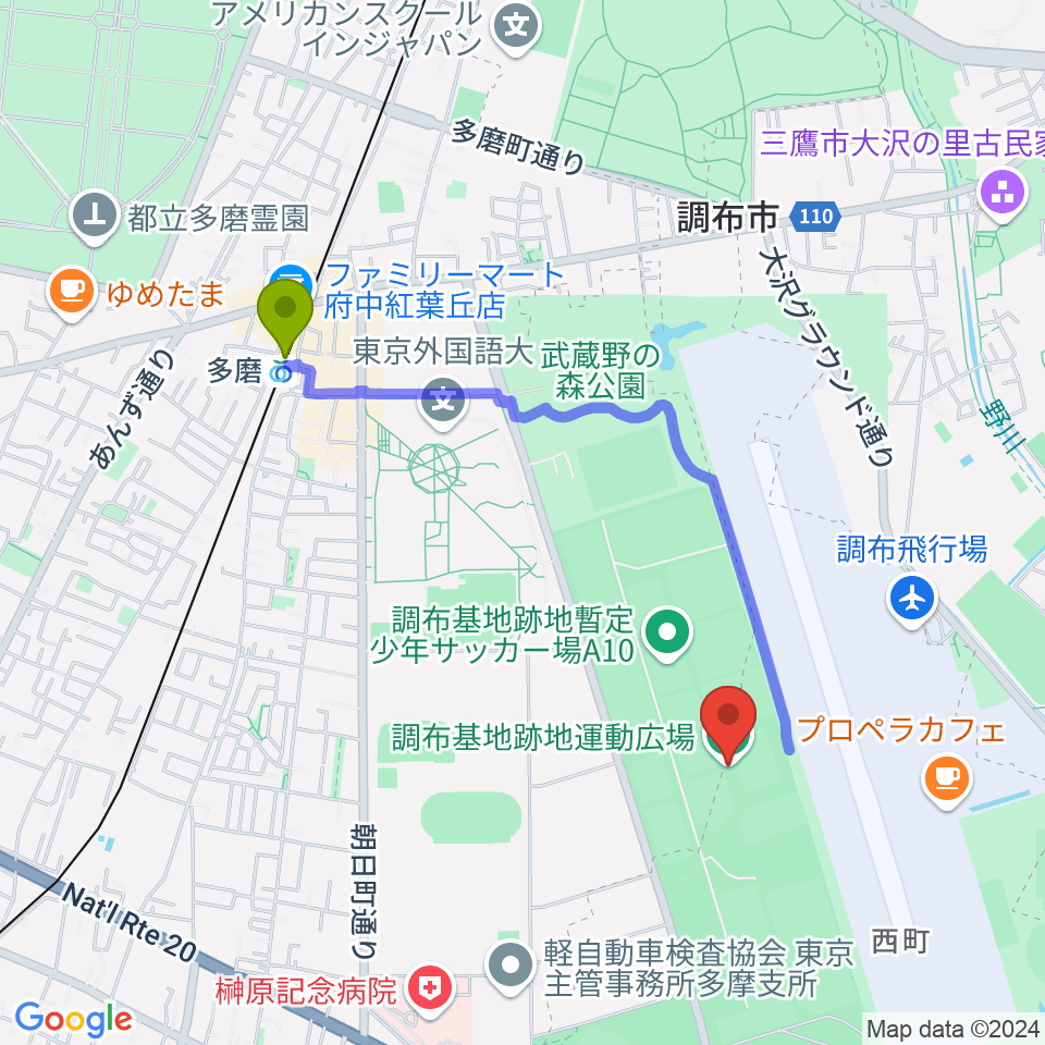 調布基地跡地運動広場の最寄駅多磨駅からの徒歩ルート（約18分）地図