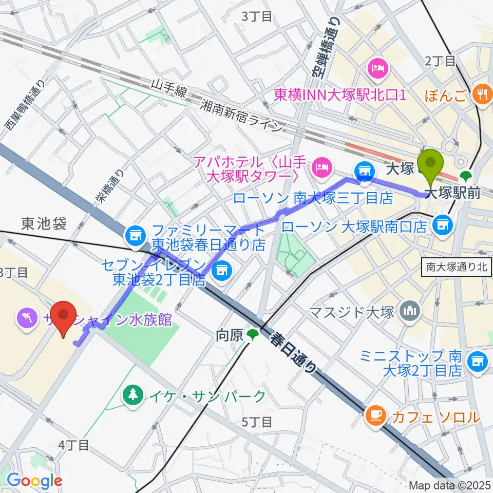 大塚駅から古代オリエント博物館へのルートマップ地図