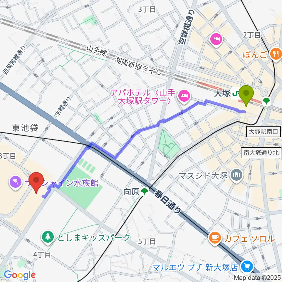 大塚駅から古代オリエント博物館へのルートマップ地図