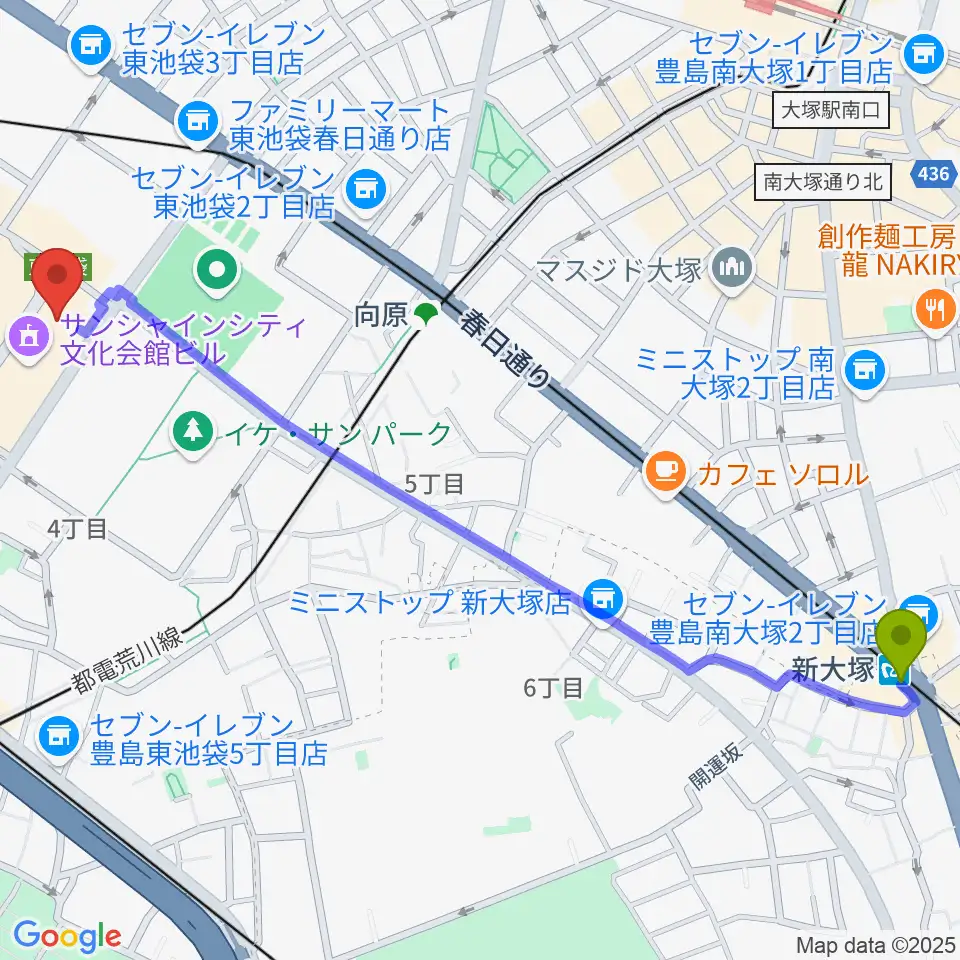 新大塚駅から古代オリエント博物館へのルートマップ地図