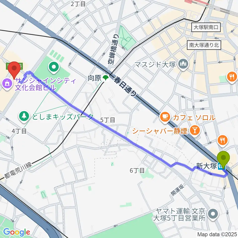 新大塚駅から古代オリエント博物館へのルートマップ地図
