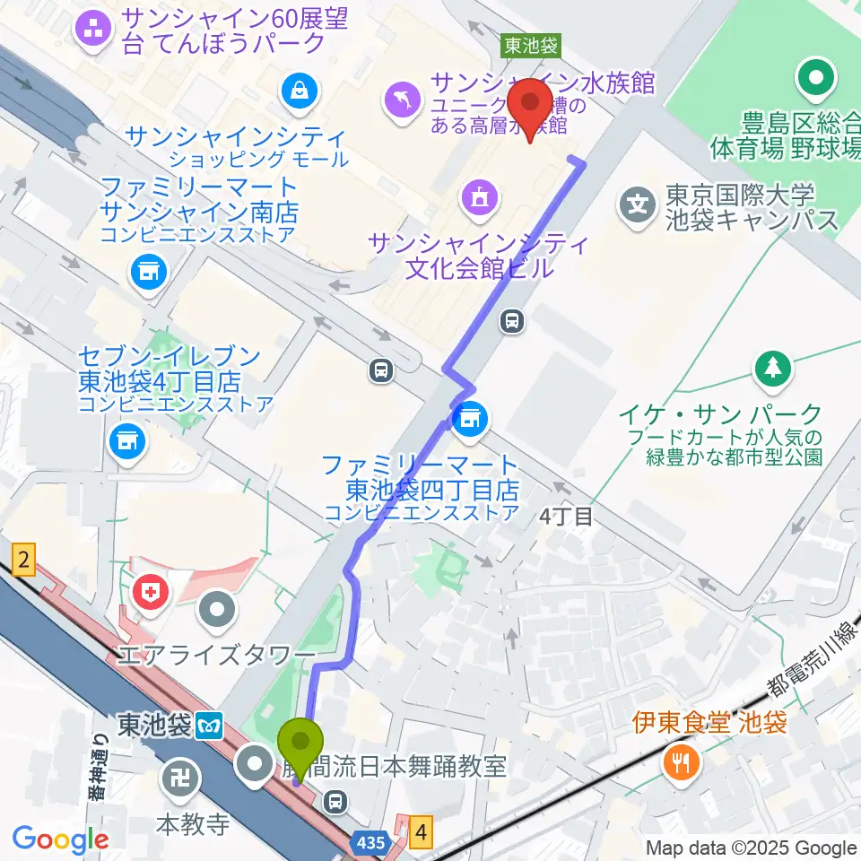 東池袋駅から古代オリエント博物館へのルートマップ地図