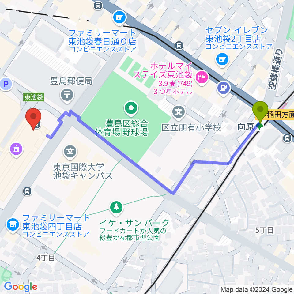 古代オリエント博物館の最寄駅向原駅からの徒歩ルート（約6分）地図