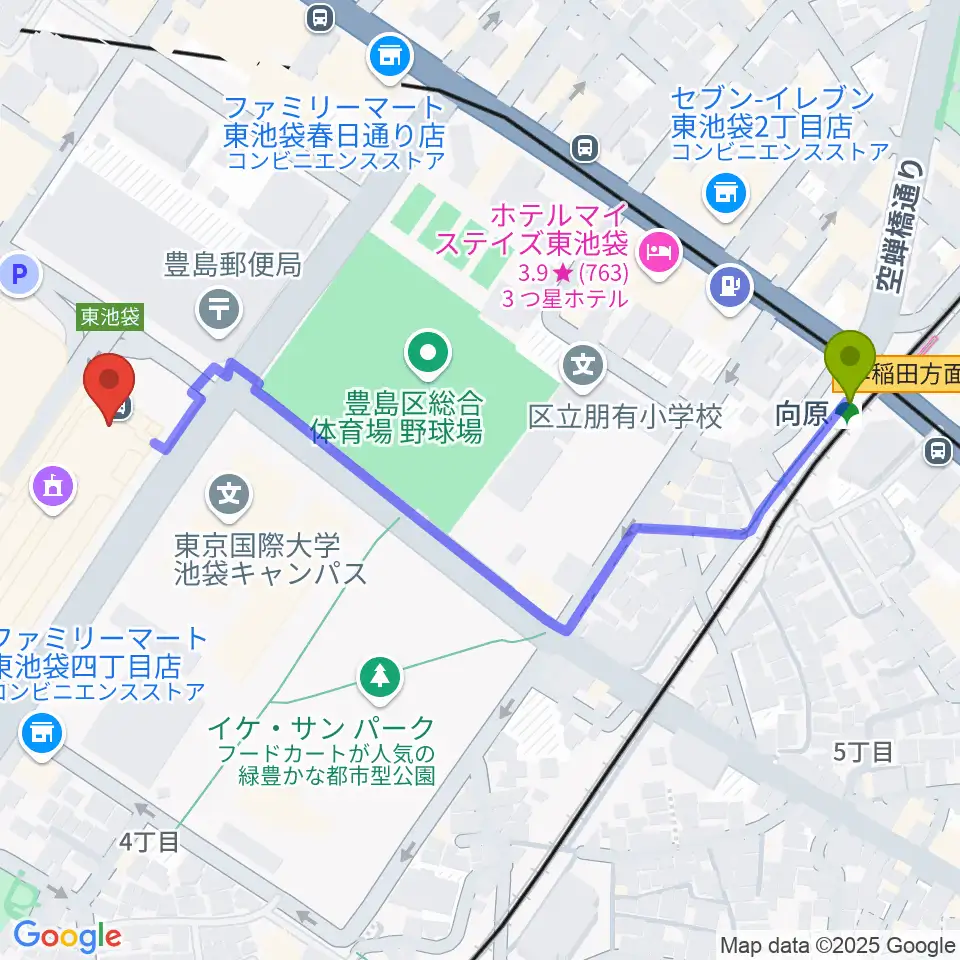 古代オリエント博物館の最寄駅向原駅からの徒歩ルート（約6分）地図