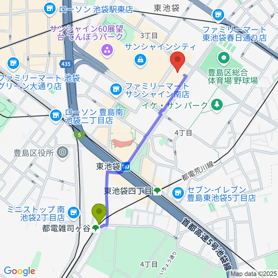 都電雑司ヶ谷駅から古代オリエント博物館へのルートマップ地図
